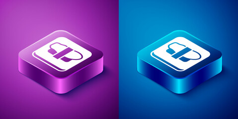 Isometric Sushi on cutting board icon isolated on blue and purple background. Asian food sushi on wooden board. Square button. Vector