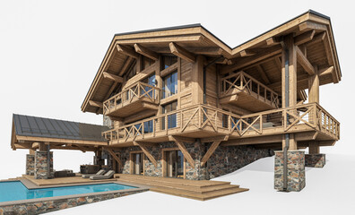 Obraz premium 3d rendering of modern cozy chalet with pool and parking for sale or rent. Massive timber beams columns. Clear sunny summer day. Isolated on white