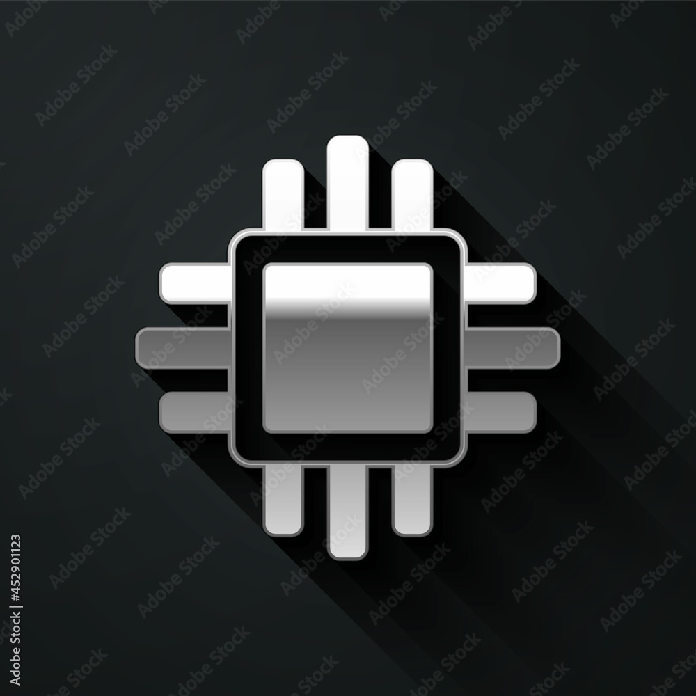 Fototapete silver computer processor with microcircuits cpu icon isolated on black background. chip or cpu with
