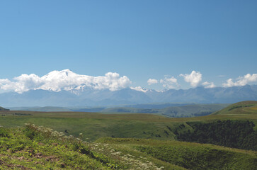 Beautiful plain landscape with snowy mountains in the distance.