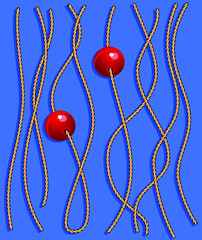 Ropes with red balls on a blue background, illustration, background, minimalism 