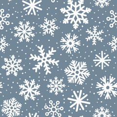 Fototapeta na wymiar Vector Winter Snowflakes Seamless Pattern. Christmas scandinavian hand drawn white snow print on dark grey background. New year Snowfall texture for print, wrapping paper, design, fabric, decor, gift