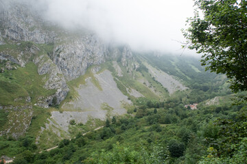 Fototapeta na wymiar mountain of the village of Bulnes with fog
