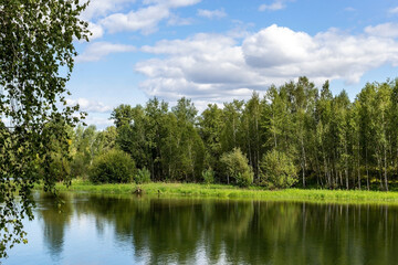 Fototapeta na wymiar Landscape over the water surface, green trees around the dam. The magnificent nature of Siberia