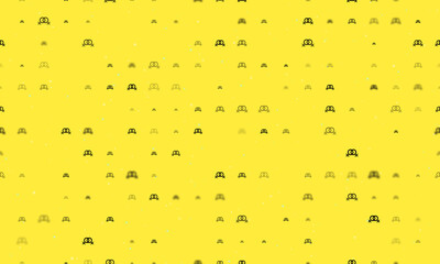 Seamless background pattern of evenly spaced black lesbian symbols of different sizes and opacity. Vector illustration on yellow background with stars