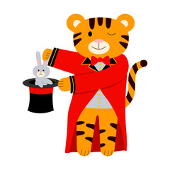 Cartoon vector illustration for children, tiger magician in the circus, Chinese new year. isolated on a white background