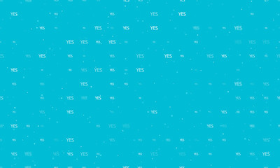 Seamless background pattern of evenly spaced white yes symbols of different sizes and opacity. Vector illustration on cyan background with stars