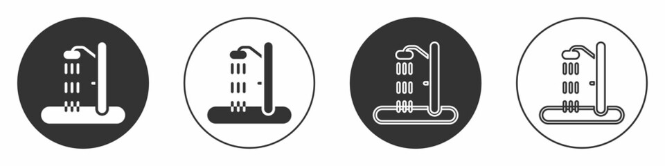 Black Beach shower icon isolated on white background. Circle button. Vector