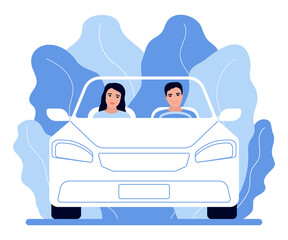 People couple travel by car, road trip to nature. Family man and woman are driving along the road. Road trip. Vector illustration