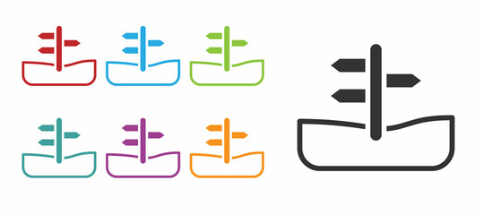 Black Road traffic sign. Signpost icon isolated on white background. Pointer symbol. Isolated street information sign. Direction sign. Set icons colorful. Vector