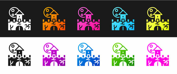 Set Castle icon isolated on black and white background. Medieval fortress with a tower. Protection from enemies. Reliability and defense of the city. Vector