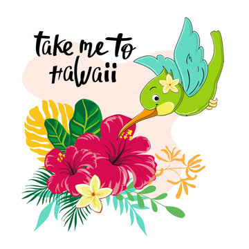 Vector cartoon illustration with tropical bird and flowers. Funny summer animals, hummingbird. Design for t-shirts