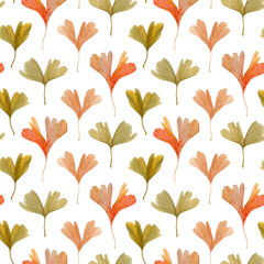 Watercolor ginkgo biloba leaves isolated on a white background. Multicolored hand-drawn elements.  Autumn forest seamless pattern. Cute minimal wallpaper. Botanical print for fabric and wrapping paper