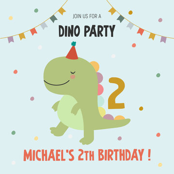 An illustration in a vector. Invitation to the dino party, in cartoon style, on a blue background, with the image of a cute funny dinosaur.