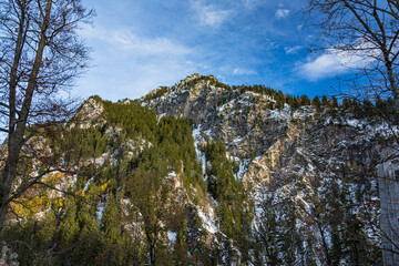 Fototapeta na wymiar ドイツ　ノイシュヴァンシュタイン城の後ろに広がる雪化粧の山とペラート峡谷