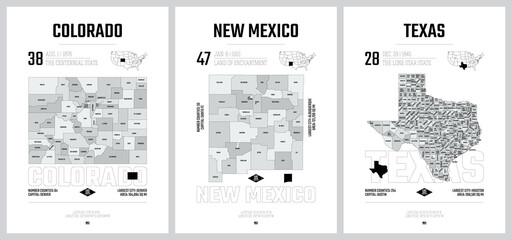 Highly detailed vector silhouettes of US state maps, Division United States into counties, political and geographic subdivisions of a states - Colorado, New Mexico, Texas - set 13 of 17