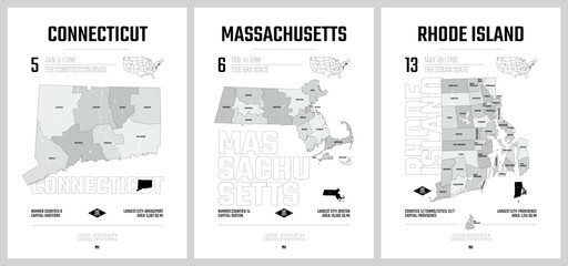 Highly detailed vector silhouettes of US state maps, Division United States into counties, political and geographic subdivisions, New England - Connecticut, Massachusetts, Rhode Island - set 2 of 17