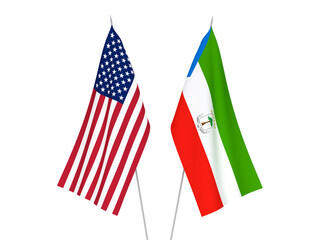 National fabric flags of America and Republic of Equatorial Guinea isolated on white background. 3d rendering illustration.