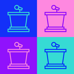 Pop art line Stage stand or debate podium rostrum icon isolated on color background. Conference speech tribune. Vector