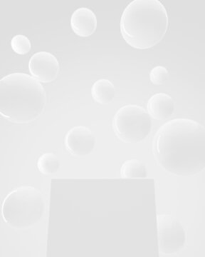 Empty podium with white glossy balls. Low angle. 3d render. High quality 4k footage