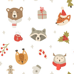 Cozy christmas animal head cute pattern. Seamless texture for fabric, textile, wrapping, paper, stationery.
