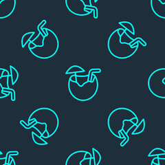 Green line Coconut juice exotic fresh cocktail and umbrella icon isolated seamless pattern on blue background. Vector