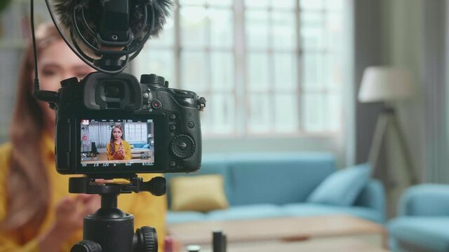 Display Of Camera Recording Video Blog Tells How To Be Beautiful In Home Studio. Influencer Young Shemale Blogger Talks About Makeup

