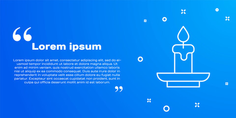 White line Burning candle icon isolated on blue background. Cylindrical aromatic candle stick with burning flame. Happy Halloween party. Vector