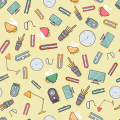 Seamless pattern with school supplies. Icons with thin lines