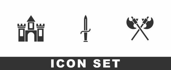 Set Castle, fortress, Dagger and Crossed medieval axes icon. Vector