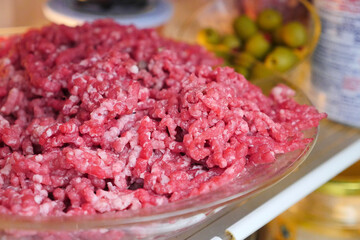 ground beef, freshly ground in the refrigerator,