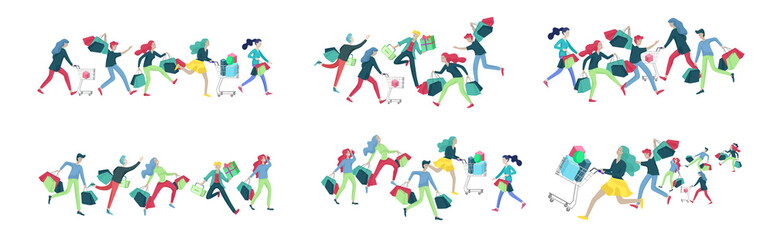 Collection of people carrying shopping bags with purchases. Madness on sale, line of crazy Men and women taking part in seasonal sale at store, shop, mall. Cartoon characters