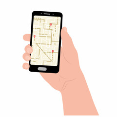 a man holds a phone with a map of the navigator of the city, color vector illustration