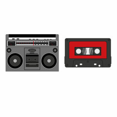 Tape recorder and cassette isolated on a white background in the cartoon style
