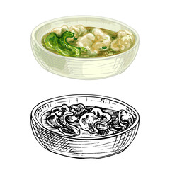 Wonton soup on plate. Vintage vector hatching color hand drawn illustration isolated