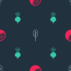 Set Orange fruit, Spinach and Beet on seamless pattern. Vector