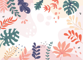 Color splash abstract background for design. Design banner frame. Colorful background with tropical plants. Place for your text.