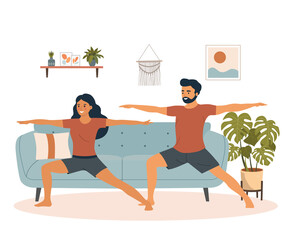 Young man and woman in yoga  pose in the living room. Vector cartoon flat style illustration
