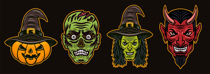 Halloween characters witch, devil, zombie, pumpkin set of vector colorful objects or design elements for your design