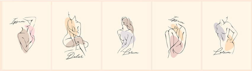 Feminine concept design template and illustration. Woman in minimal linear style Fashion illustration by femininity, beauty and modern art. Abstract poster and t-shirt print Vector