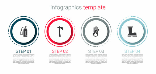 Set Fire extinguisher, Firefighter axe, No fire and boots. Business infographic template. Vector