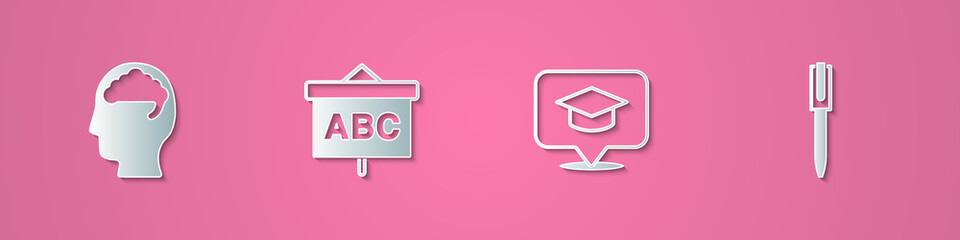 Set paper cut Human brain, Chalkboard, Graduation cap speech bubble and Pen icon. Paper art style. Vector