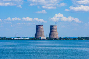Cooling towers of Zaporizhzhia Nuclear Power Station near the city Enerhodar, Ukraine