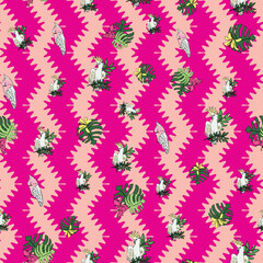 Vector hot pink, peach background tropical birds, parrots, exotic cheese plant, monstera, hibiscus flowers. Seamless pattern background