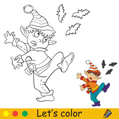 Fototapeta na wymiar Coloring with template Halloween gnome costume scared of bats