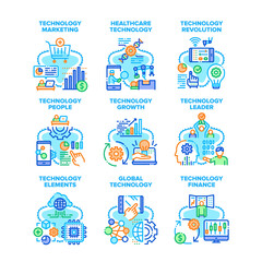 Global Technology Set Icons Vector Illustrations. Global Technology And Growth Finance, People Healthcare Treatment Machine And Revolution, Marketing And Leader Color Illustrations