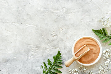 Clay for face and body care beauty treatment. Cosmetic mask, top view