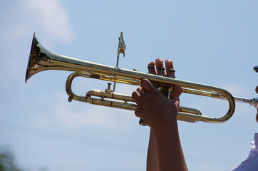 Fototapeta na wymiar playing a brass instrument. military band performs at the festival