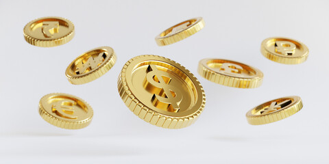 Isolation of US dollar golden coins flying on white background for investment and deposit saving concept by 3d render.