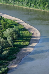 River bank with trees top view. Sandy beach near the water